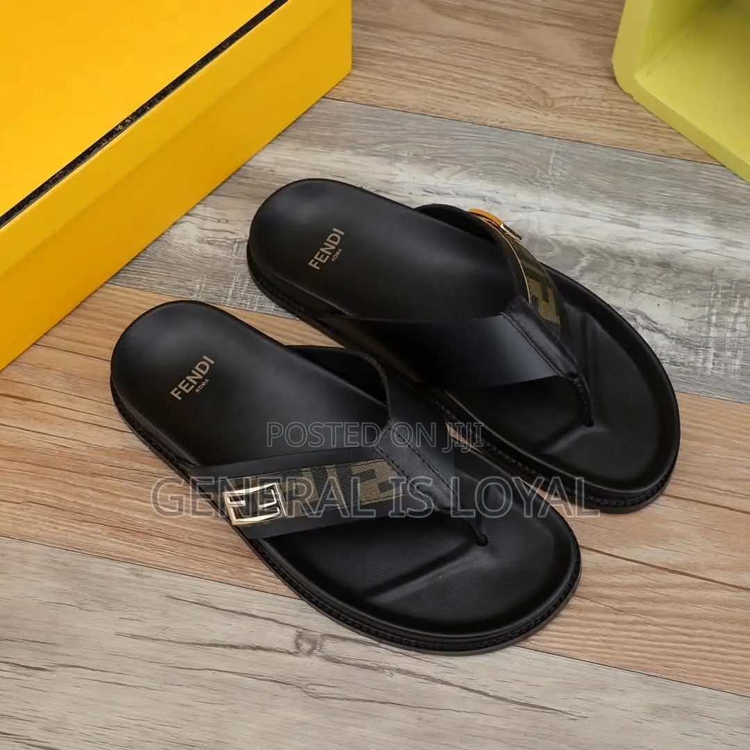 Fendi Roma Black Leather Slippers