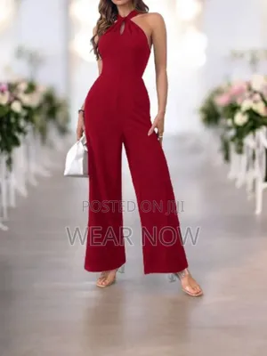 Red Chiffon Halter Neckline Jumpsuit