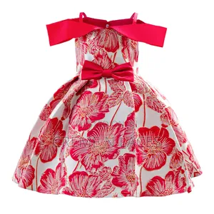Red And White Floral Brocade Off-the-shoulder Dress With A Bow.