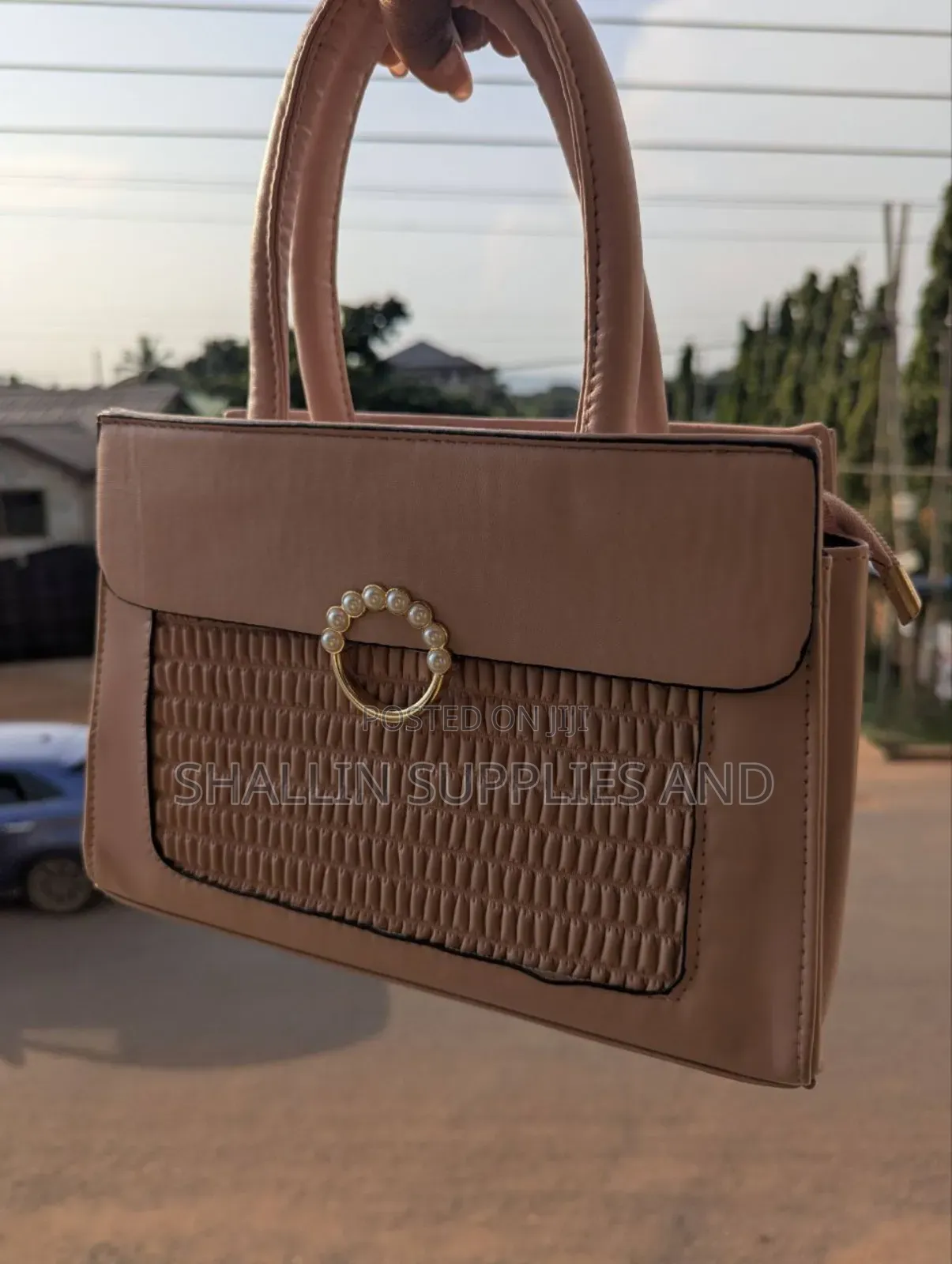 Elegant Nude Mini Handbag With Pearl Ring Clasp Ruched Detail