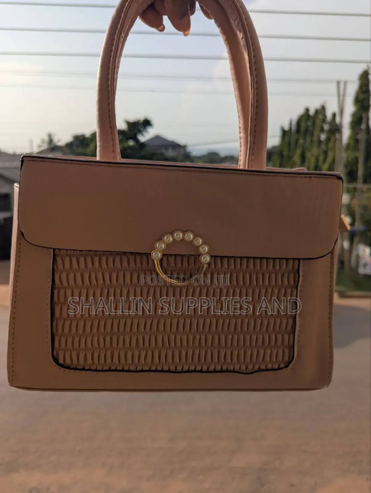 Elegant Nude Mini Handbag With Pearl Ring Clasp Ruched Detail