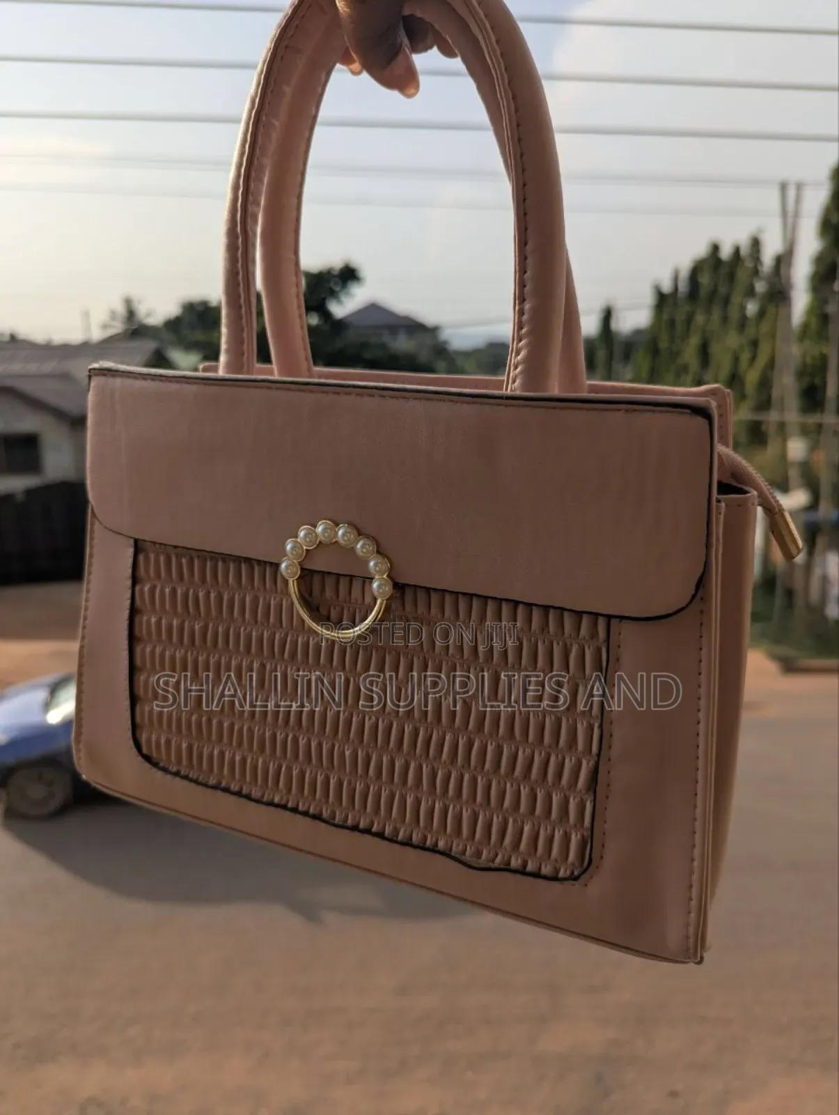 Elegant Nude Mini Handbag With Pearl Ring Clasp Ruched Detail