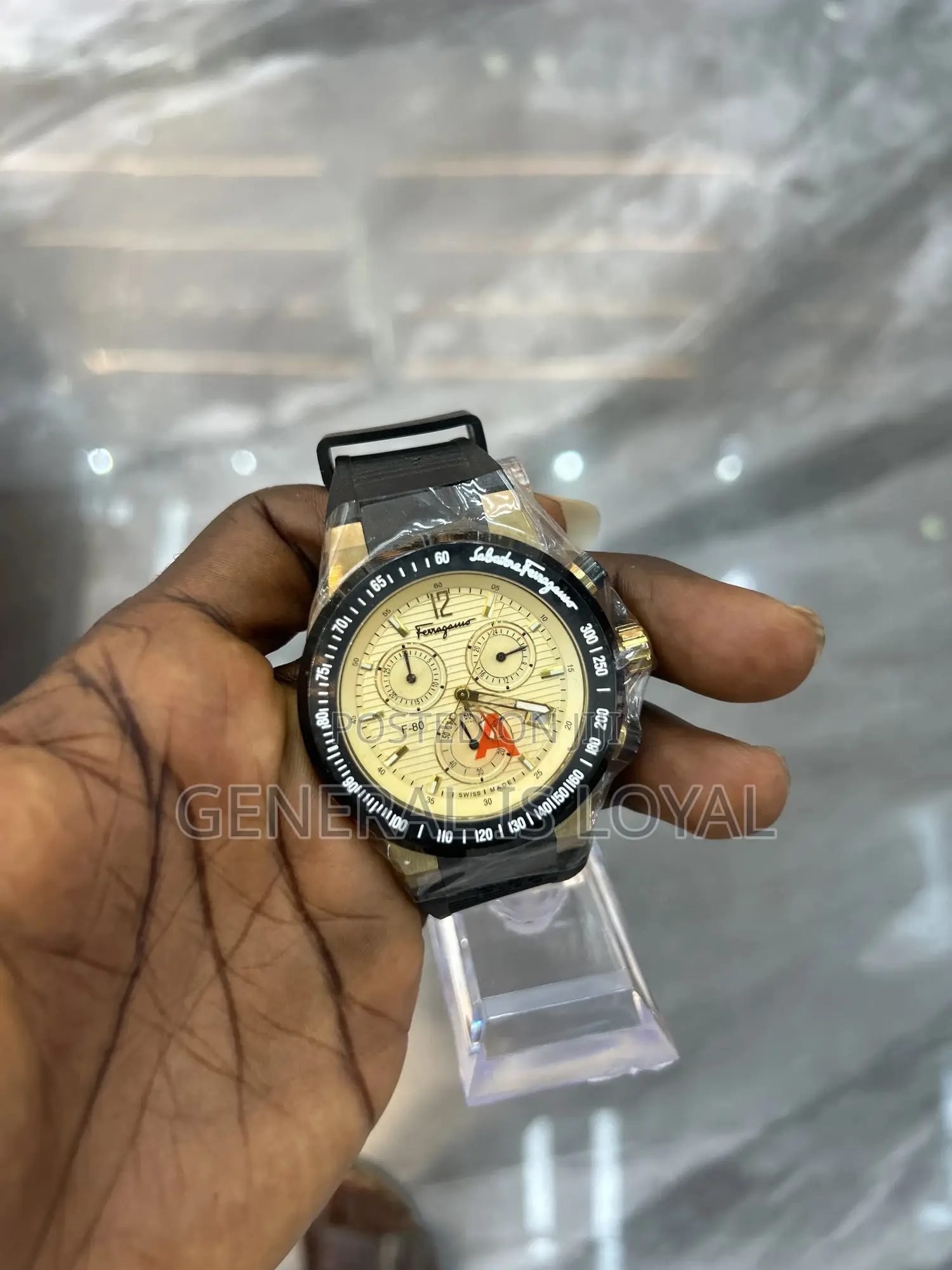 Salvatore Ferragamo F-80 Chrono Watch  Black Rubber Strap And Gold