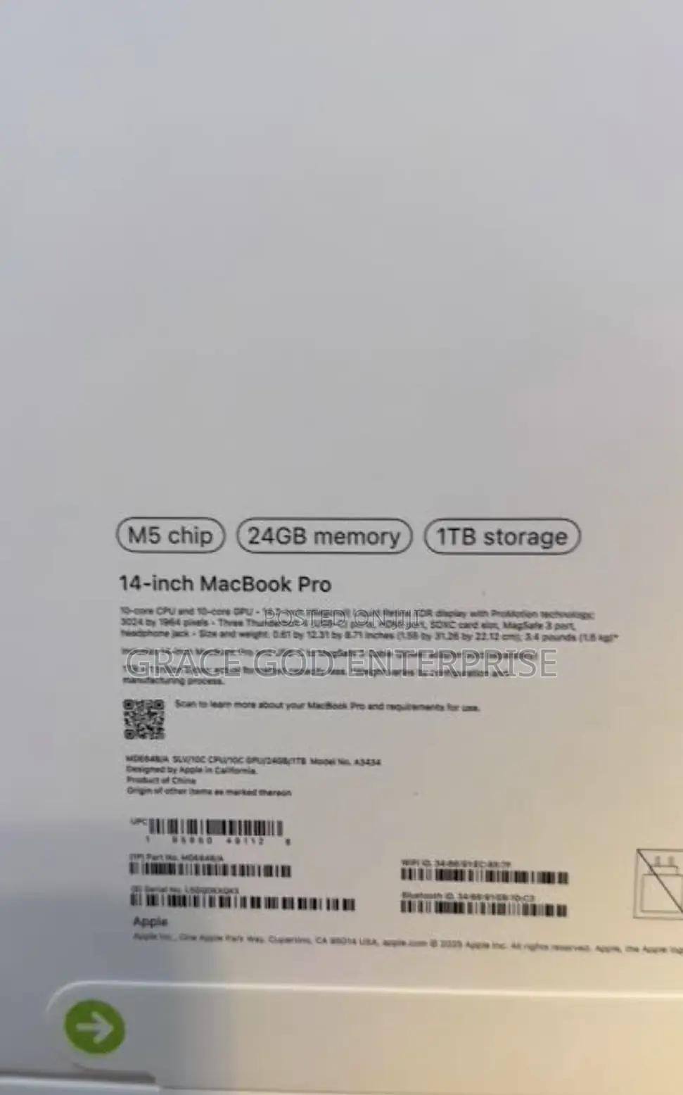 New Laptop Apple Macbook Pro 2025 M5 14-inch 24GB Apple M5 SSD 1T