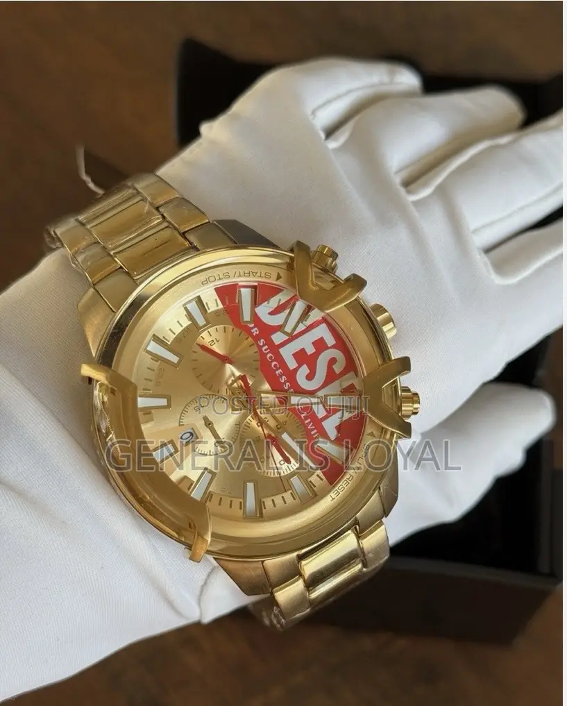 Diesel Griffed Mens Chronograph Watch, Gold Red Logo Dial, Stainless