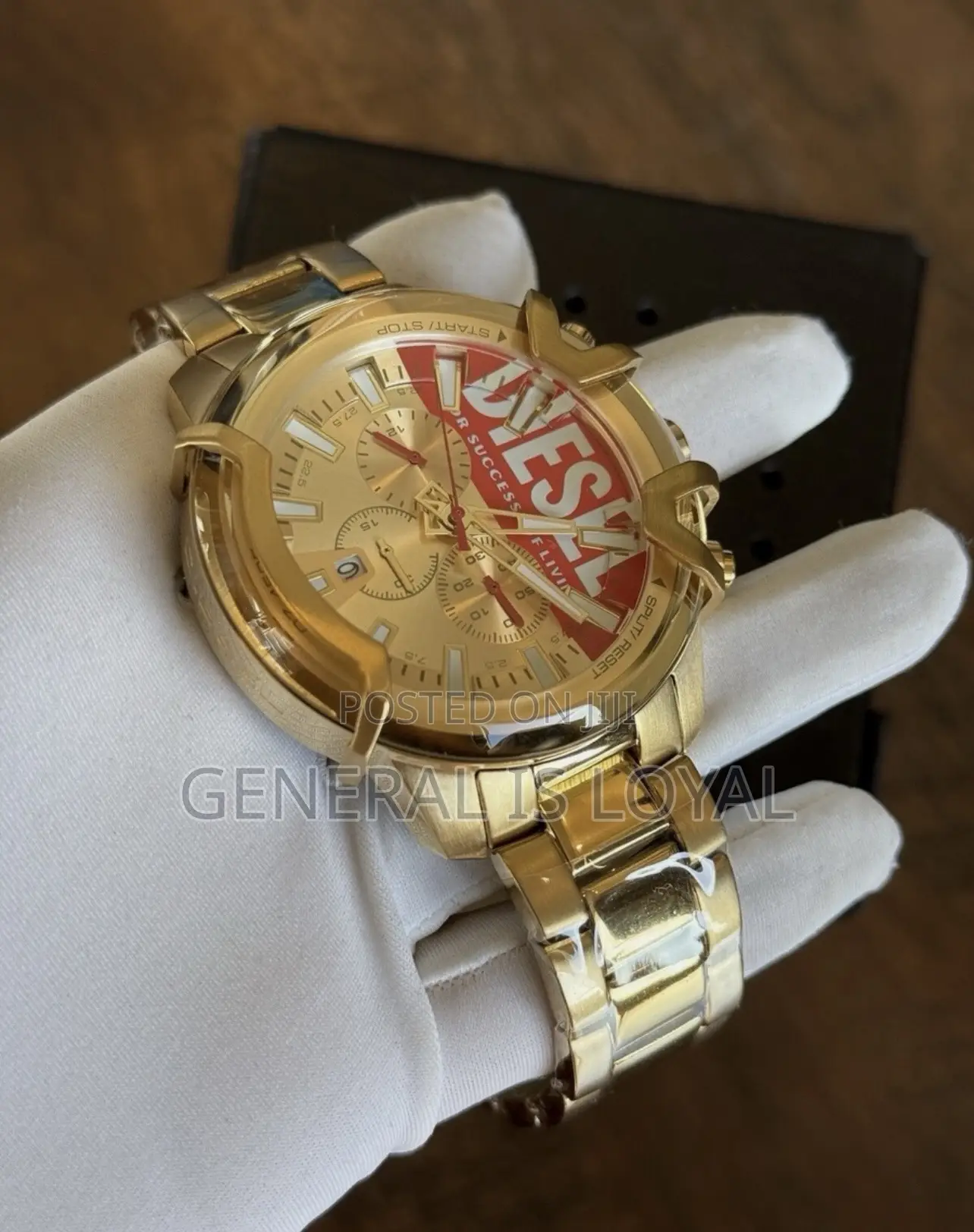 Diesel Griffed Mens Chronograph Watch, Gold Red Logo Dial, Stainless