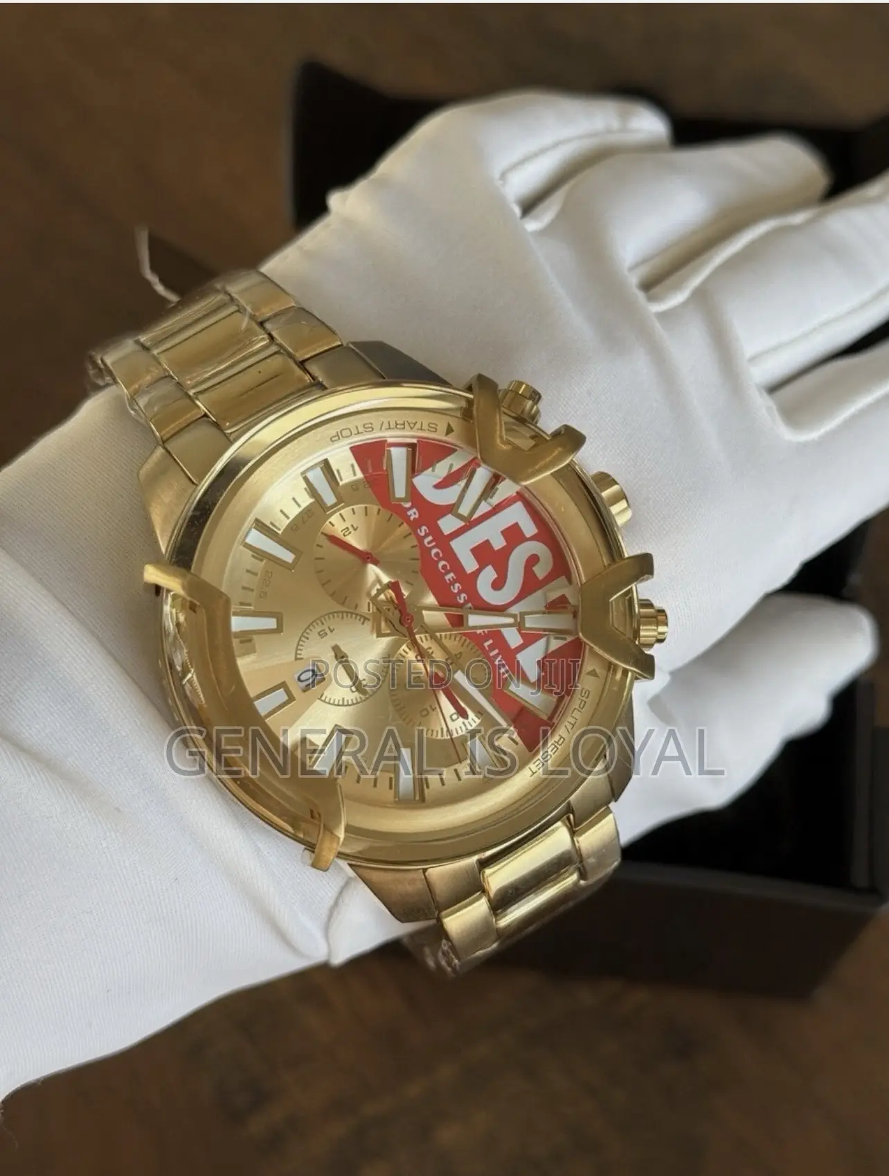 Diesel Griffed Mens Chronograph Watch, Gold Red Logo Dial, Stainless