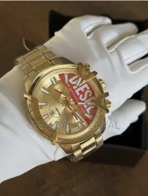 Diesel Griffed Mens Chronograph Watch, Gold Red Logo Dial, Stainless