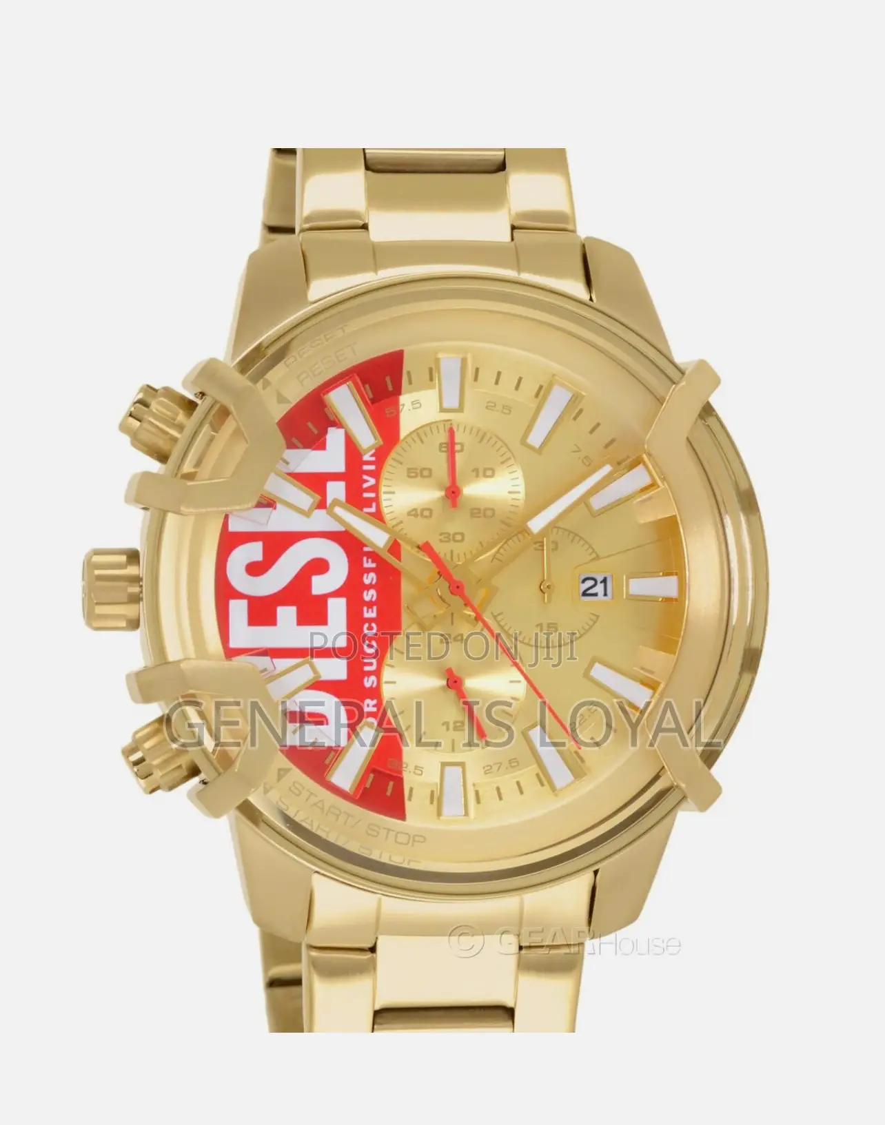 Diesel Griffed Mens Chronograph Watch, Gold Red Logo Dial, Stainless