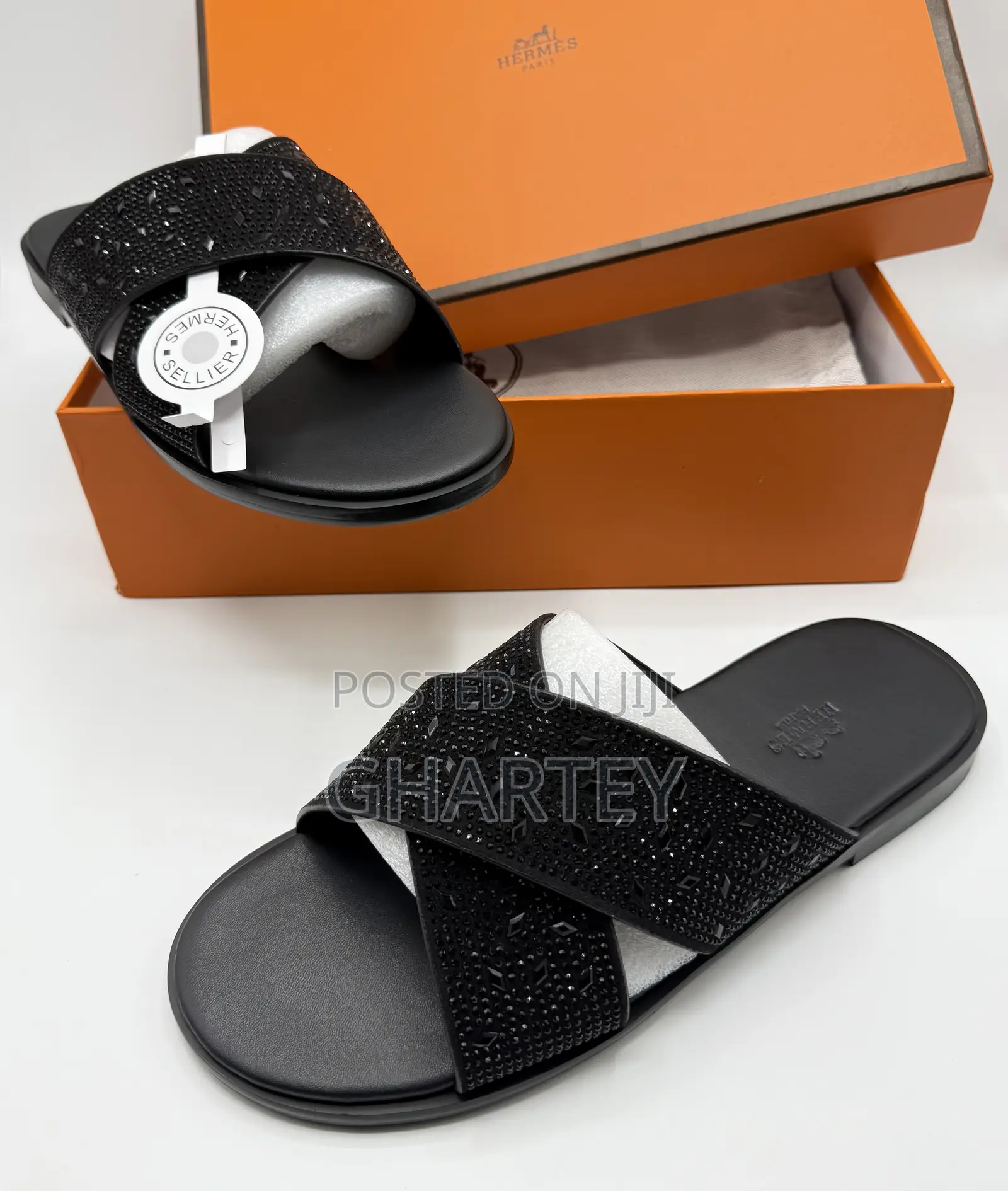 Hermès Luxury Black Crystal Slide Sandals