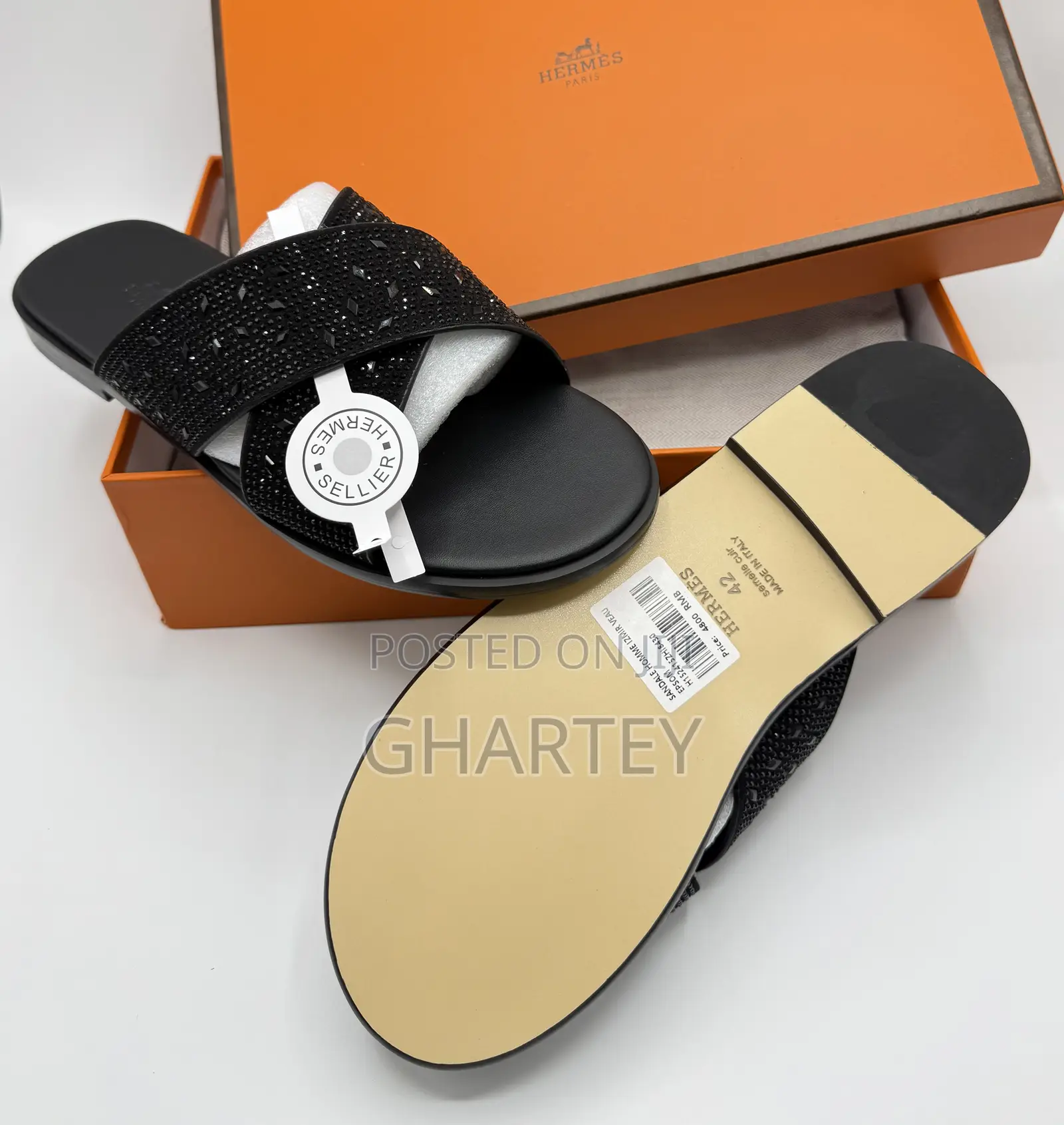 Hermès Luxury Black Crystal Slide Sandals