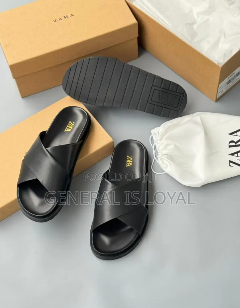 Zara Flat Criss-cross Leather Slider Sandals In Black.