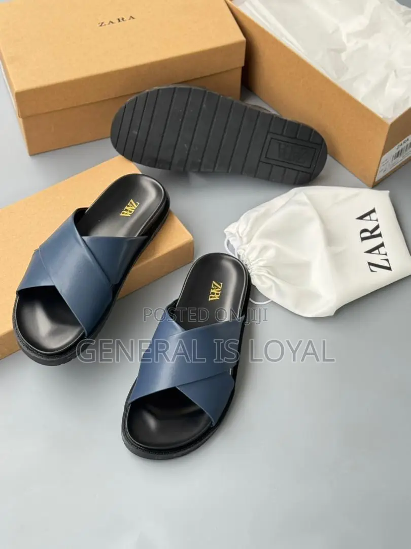 Zara Flat Criss-cross Leather Slider Sandals In Navy Blue