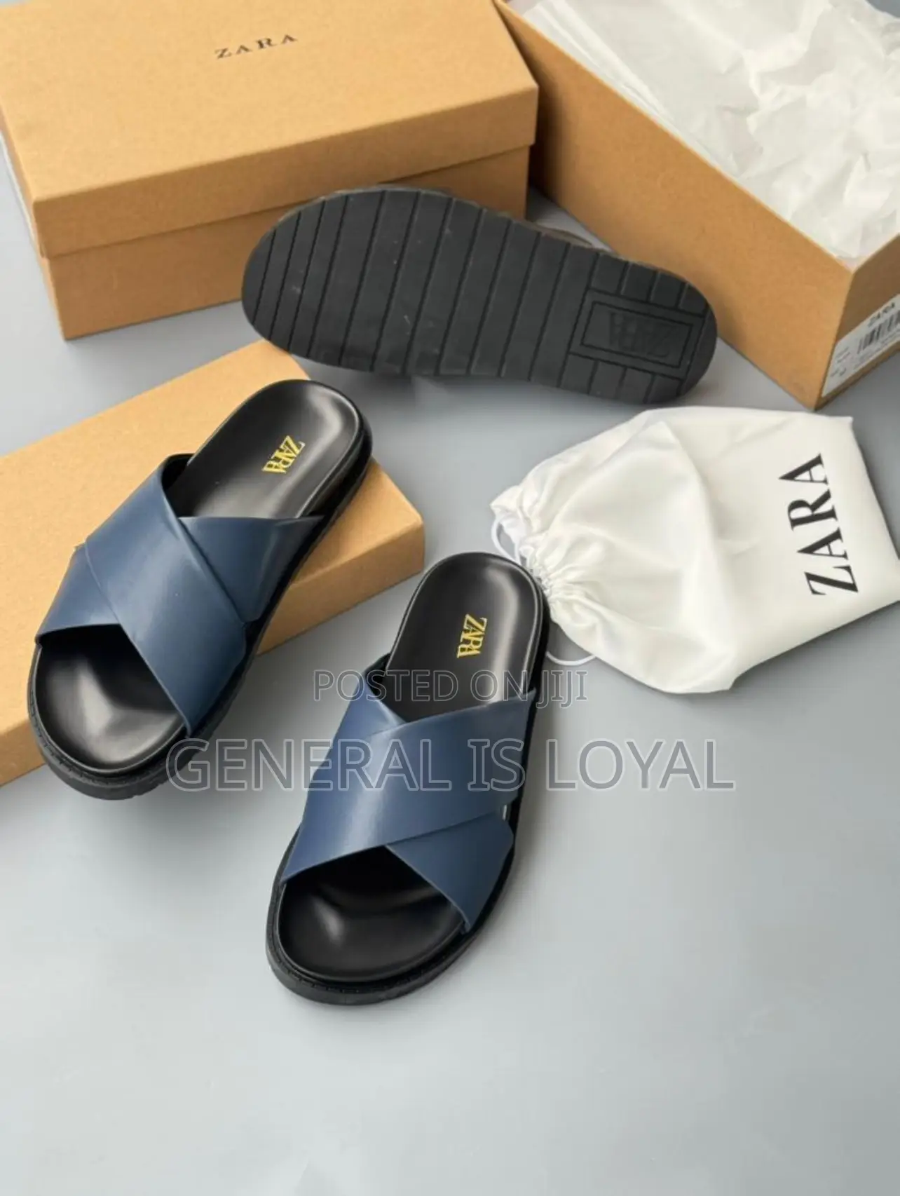Zara Flat Criss-cross Leather Slider Sandals In Navy Blue