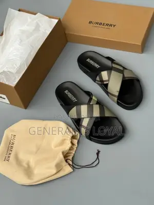 Burberry Check Pavilion Cross Slide Sandals.