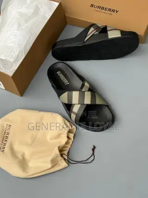 Burberry Check Pavilion Cross Slide Sandals.