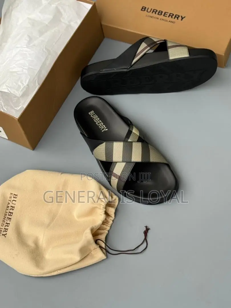 Burberry Check Pavilion Cross Slide Sandals.
