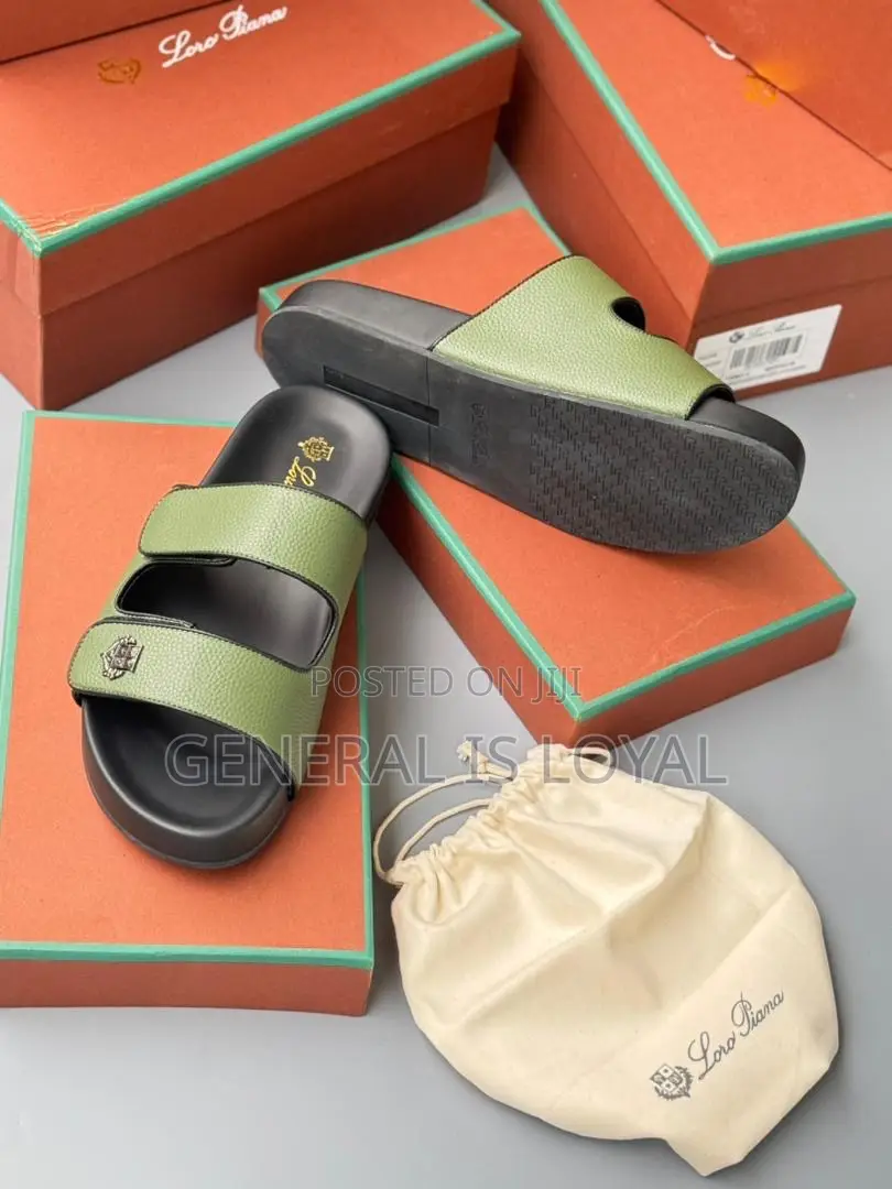 Loro Piana Slides In Green Leather Black Sole Men’S Slippers/Sandals