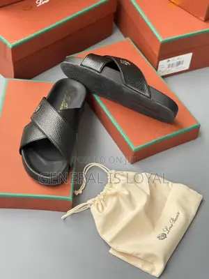 Loro Piana Cross Leather Black Men’S Slippers/Sandals