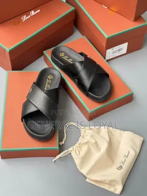 Loro Piana Cross Leather Black Men’S Slippers/Sandals