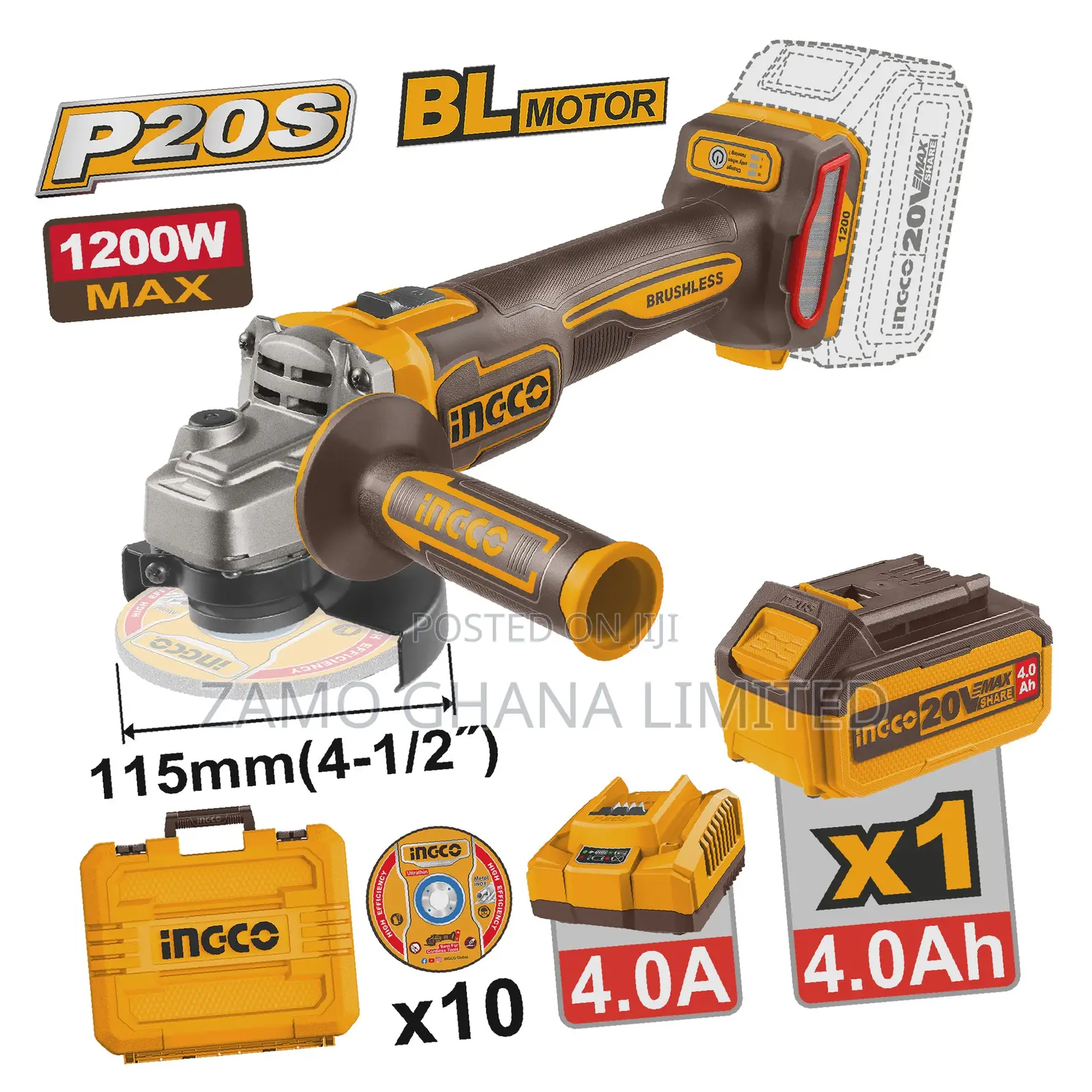 Cordless Angle Grinder 20v 4.5" 1200w + Battery - P1c4 - Cagli