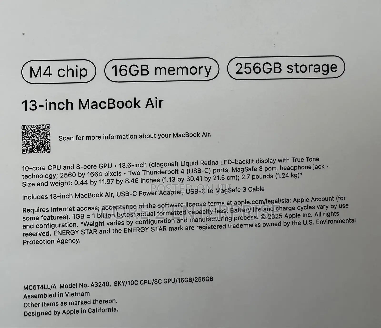 New Laptop Apple MacBook Air 2024 M3 13-inch 16GB Apple M4 SSD 256GB