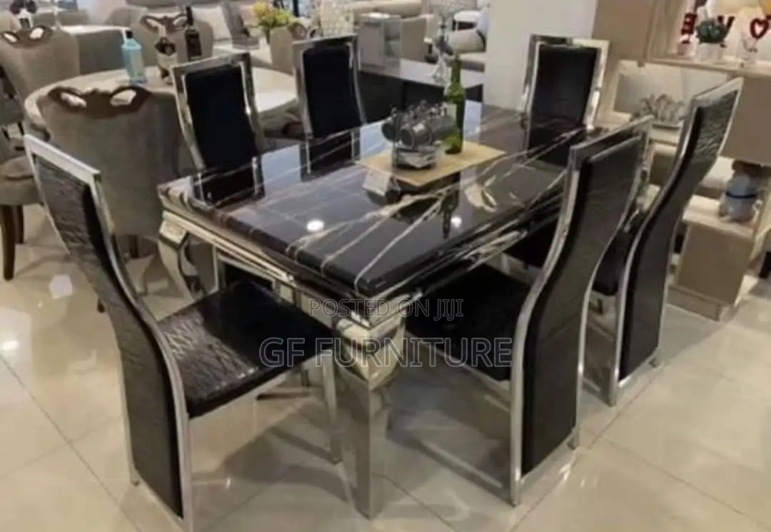 6 Chairs Marble Dining Table (Silver)