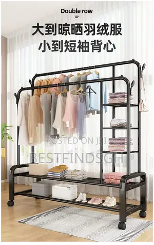 Metal Garment Rack With Side and Bottom Shelves