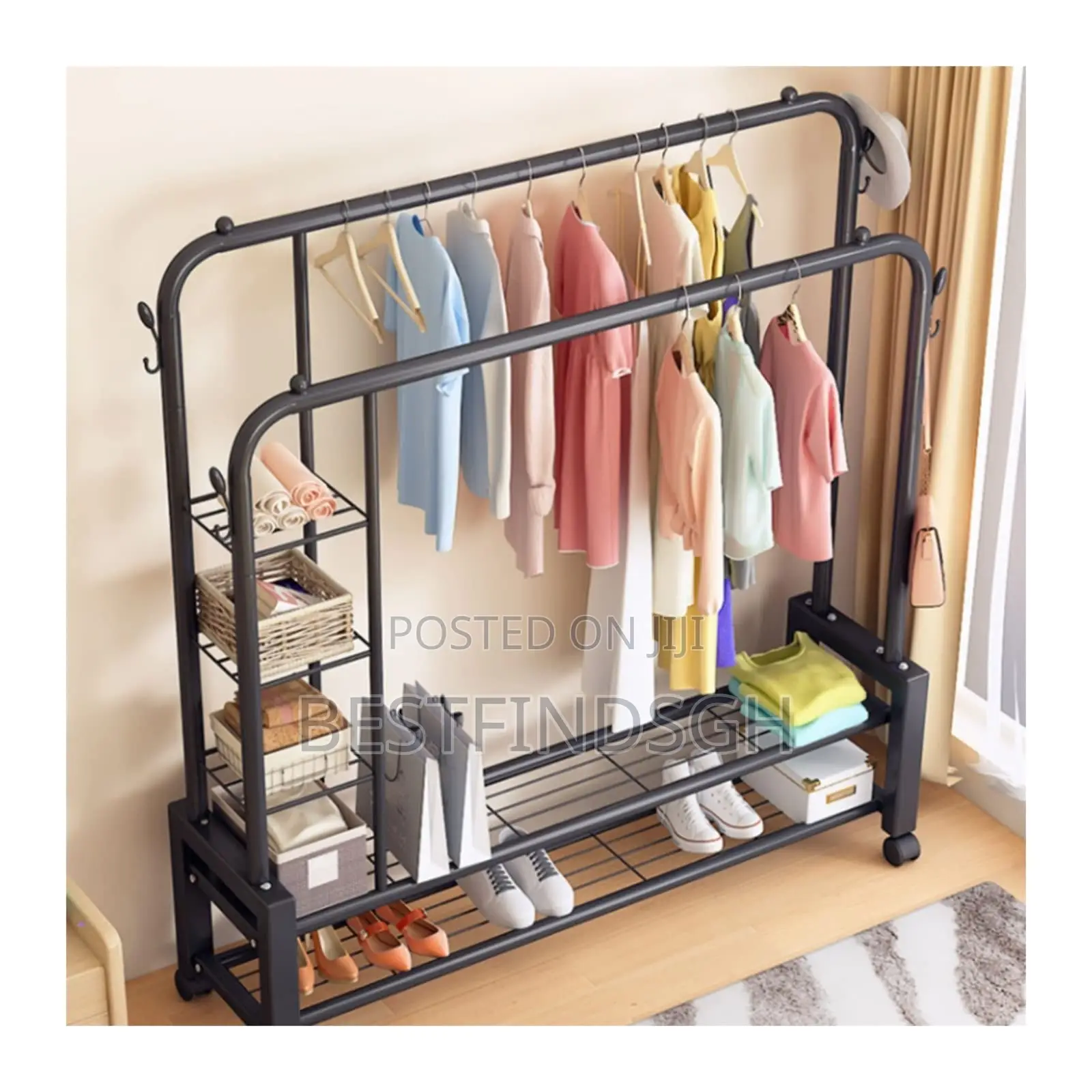Metal Garment Rack With Side and Bottom Shelves