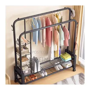 Metal Garment Rack With Side and Bottom Shelves