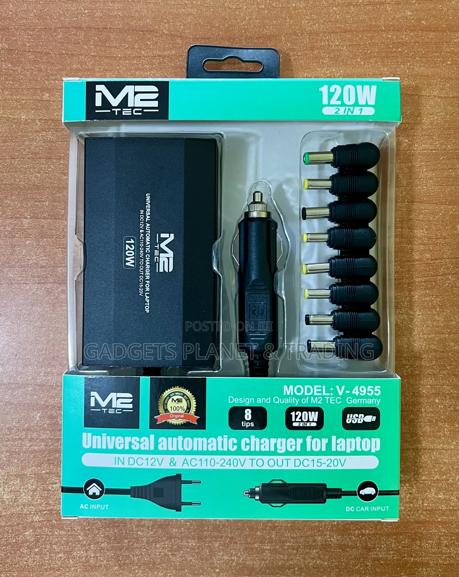 M2 Tec 8tips Universal Automatic Laptop Charger- 120w Car Dc & Wall Ac