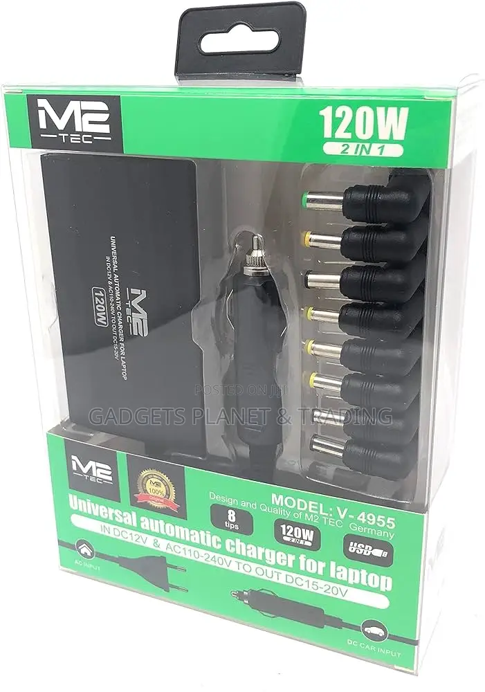M2 Tec 8tips Universal Automatic Laptop Charger- 120w Car Dc & Wall Ac