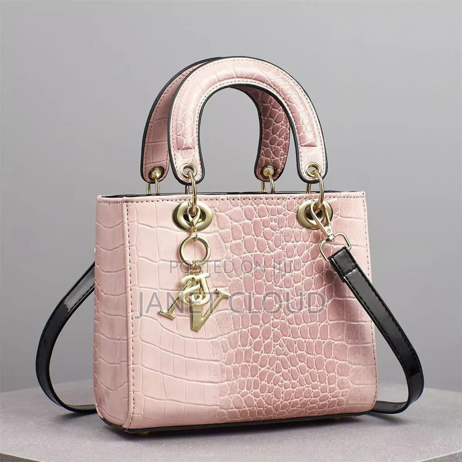 Pink Croc-Embossed Top-Handle Bag -