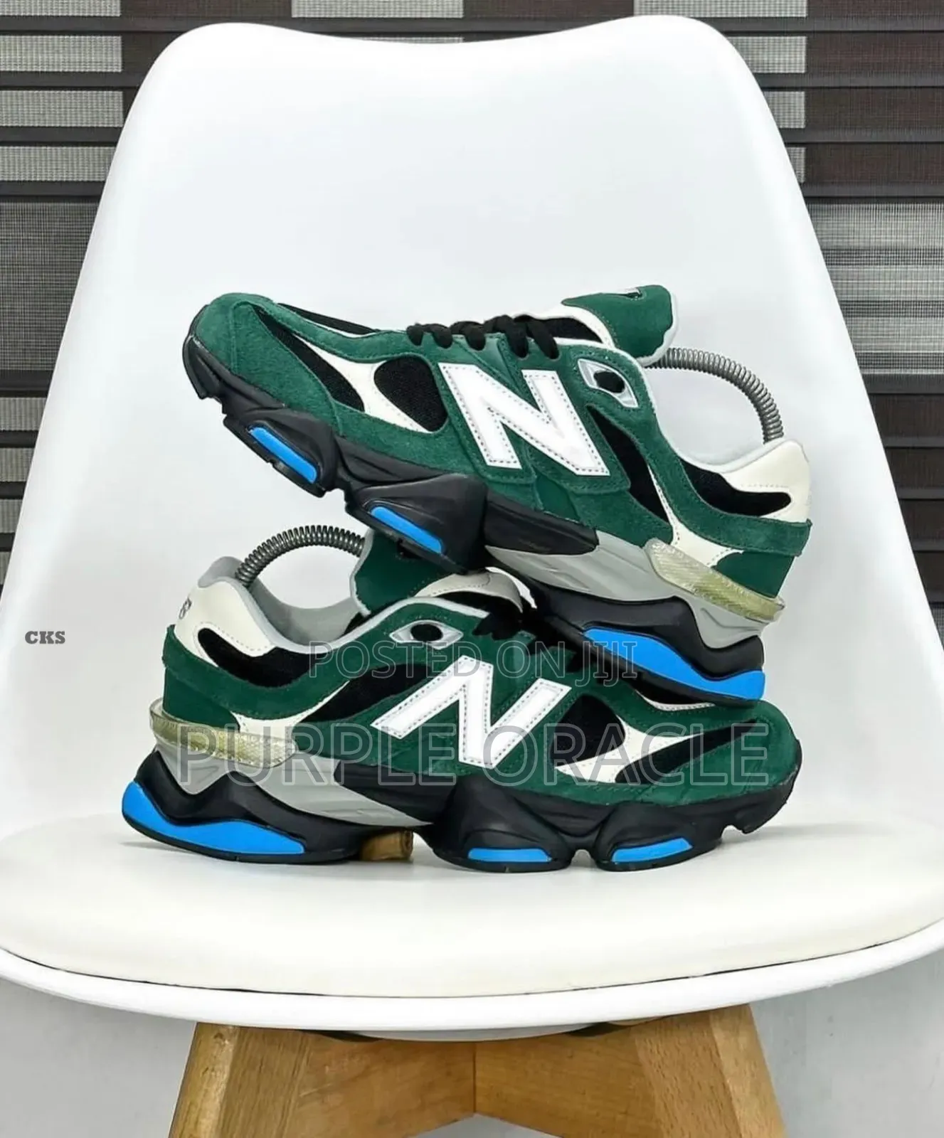 New Balance 9060 in Green, Black, and Blue.