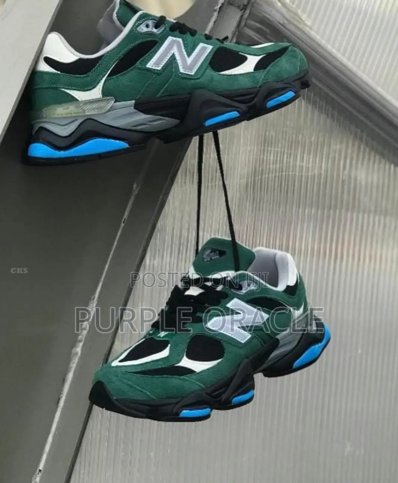 New Balance 9060 in Green, Black, and Blue.