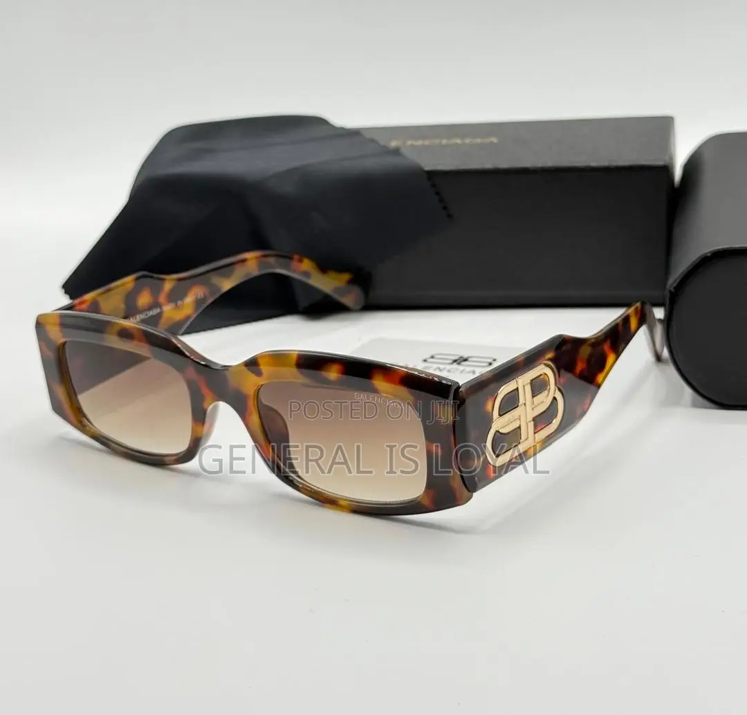 Balenciaga Rectangular Sunglasses  Shiny Black Acetate Grey Lenses.