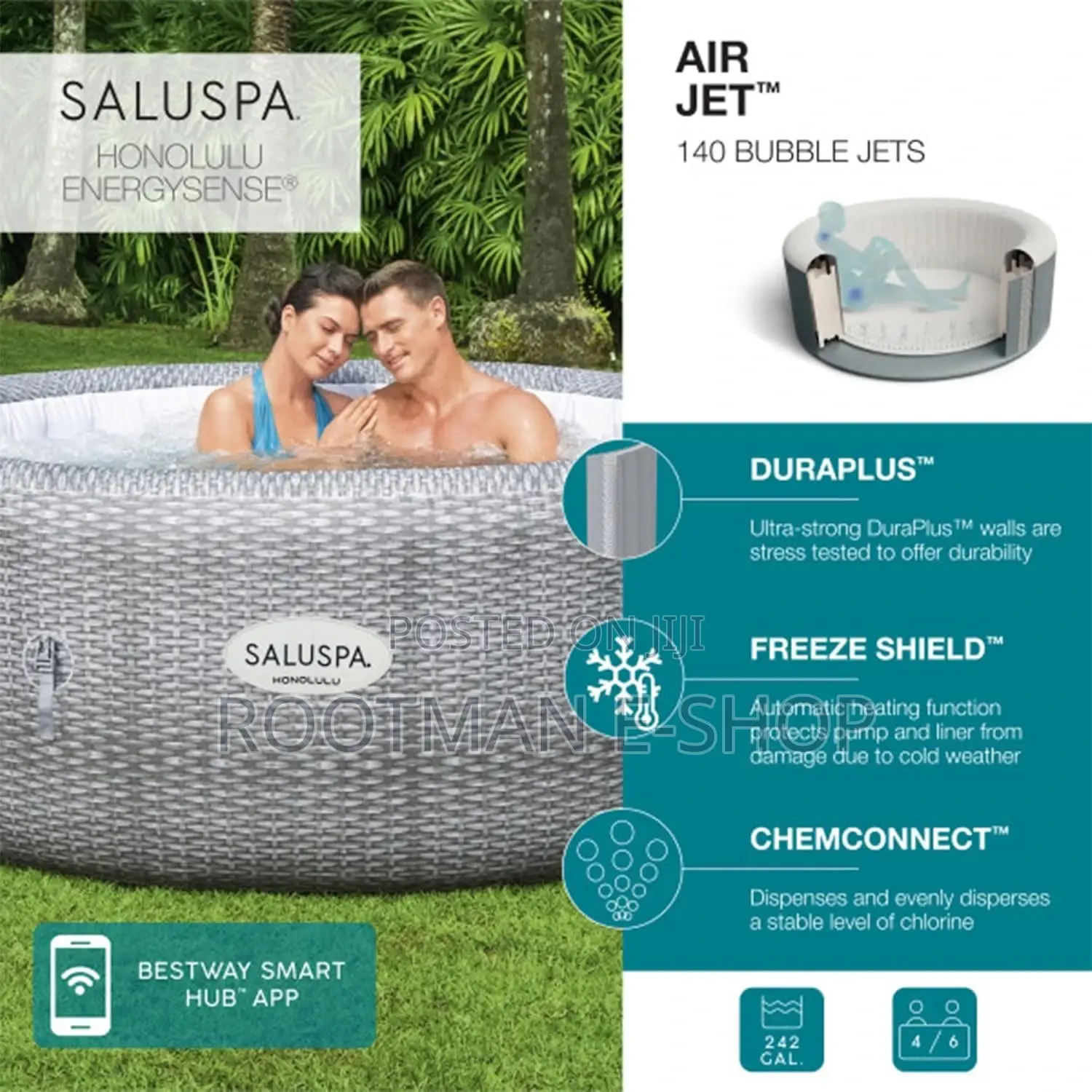 Saluspa Airjet 6 Person Honolulu Inflatable Outdoor Portable Hot Tub