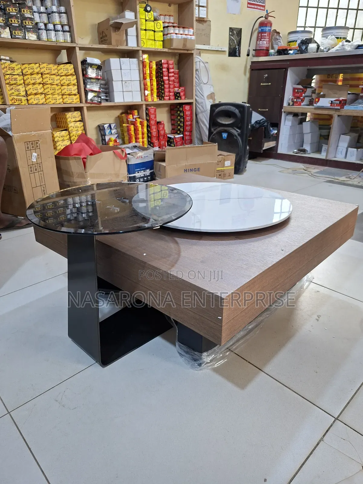 Center Table X Coffee Table With Spinning Marble Top and Glass 90x90cm