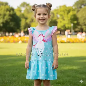 Girls Dress Children Causal Wear Blue Dress With Unicorn