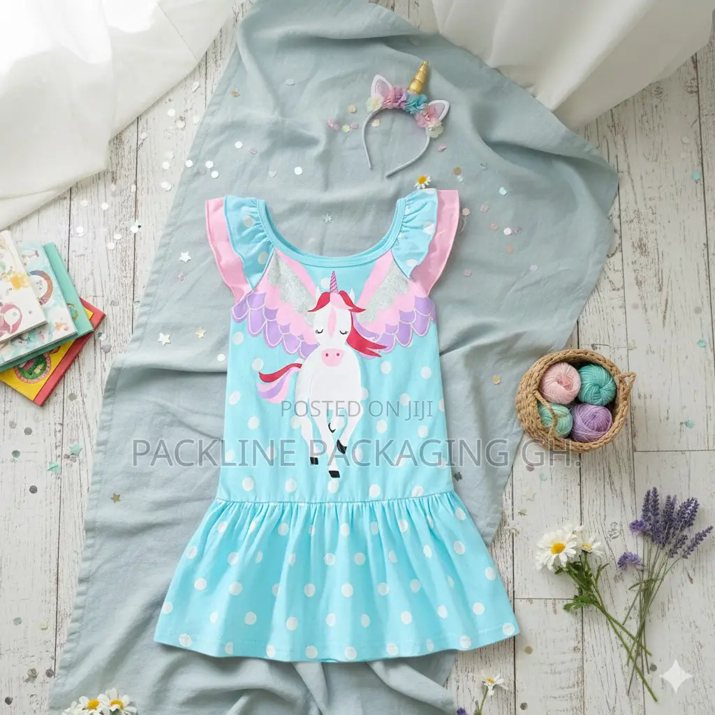 Girls Dress Children Causal Wear Blue Dress With Unicorn