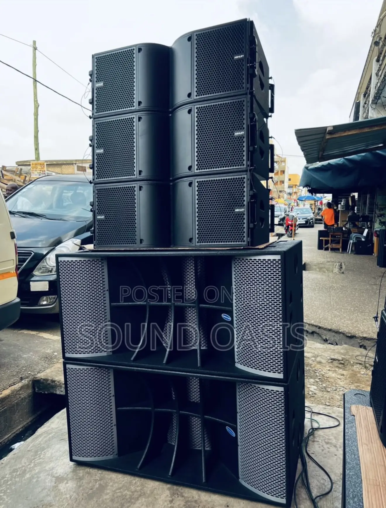 Three 10 Inches Ashley Line Arrays And A Pair Of American Audio Bass