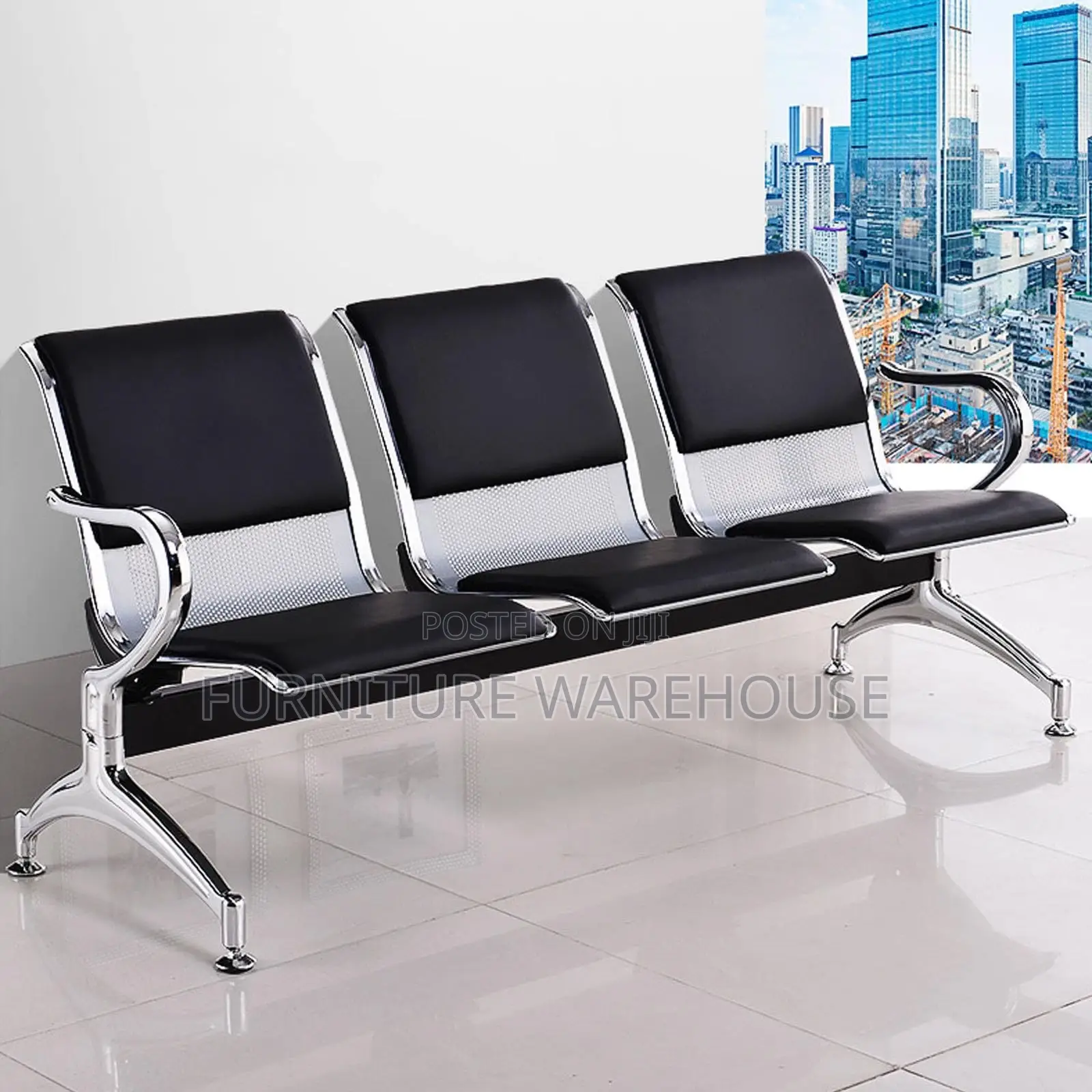 Three Seater Metal And Faux Leather Waiting Room Bench