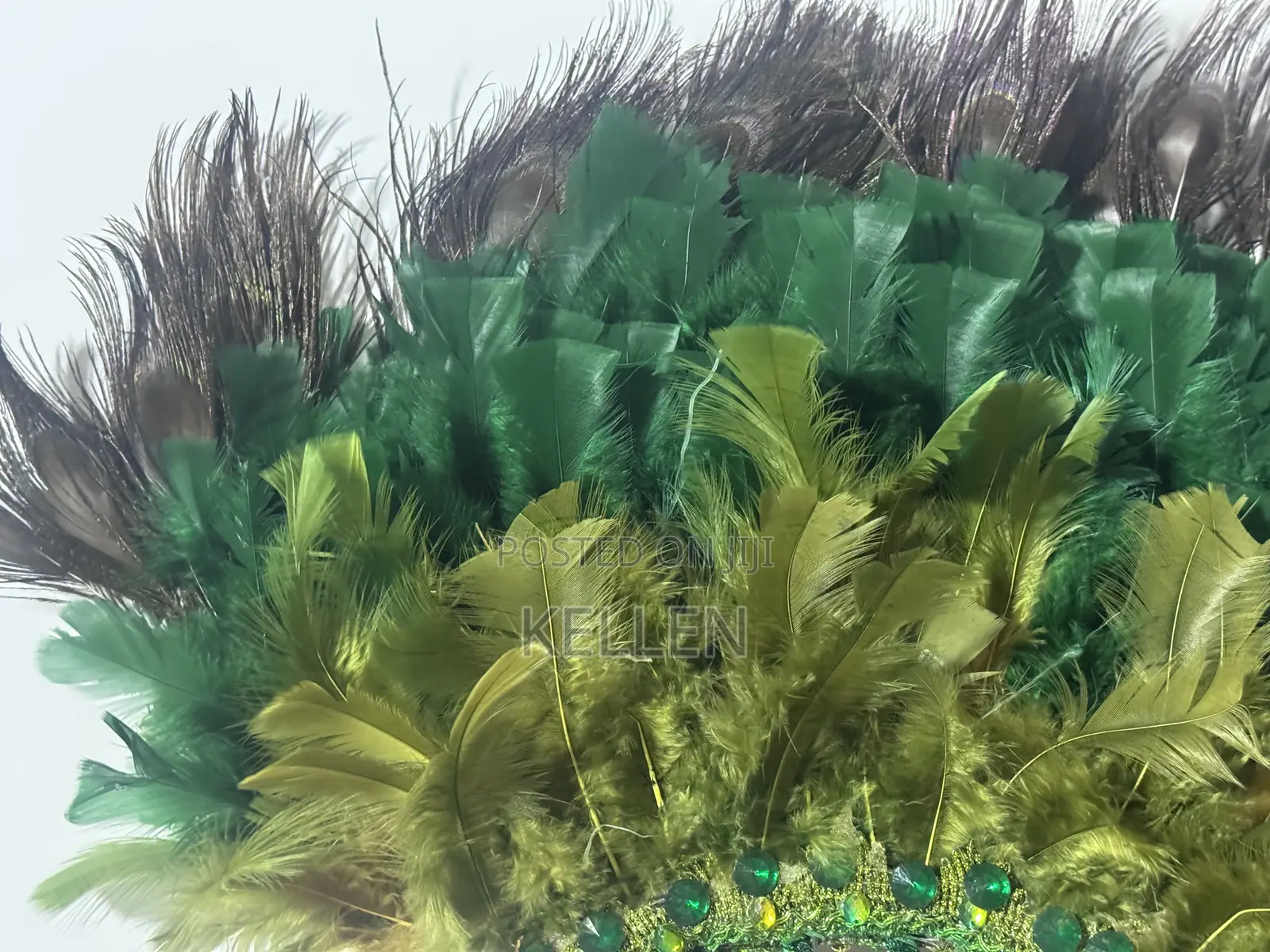 Ombré Emerald/Olive Green Peacock Tips Bridal Fan With Adinkra Symbols