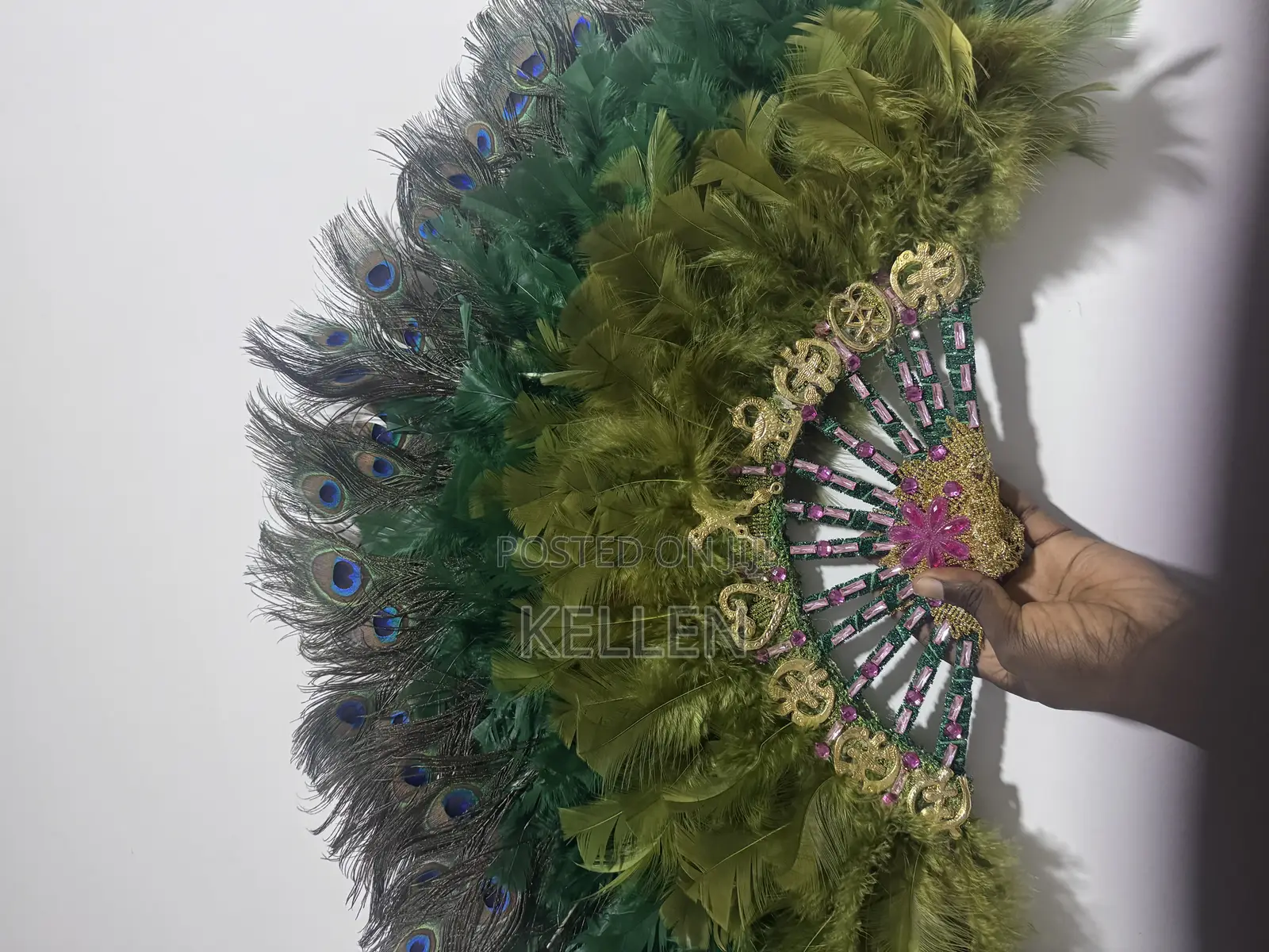 Ombré Emerald/Olive Green Peacock Tips Bridal Fan With Adinkra Symbols