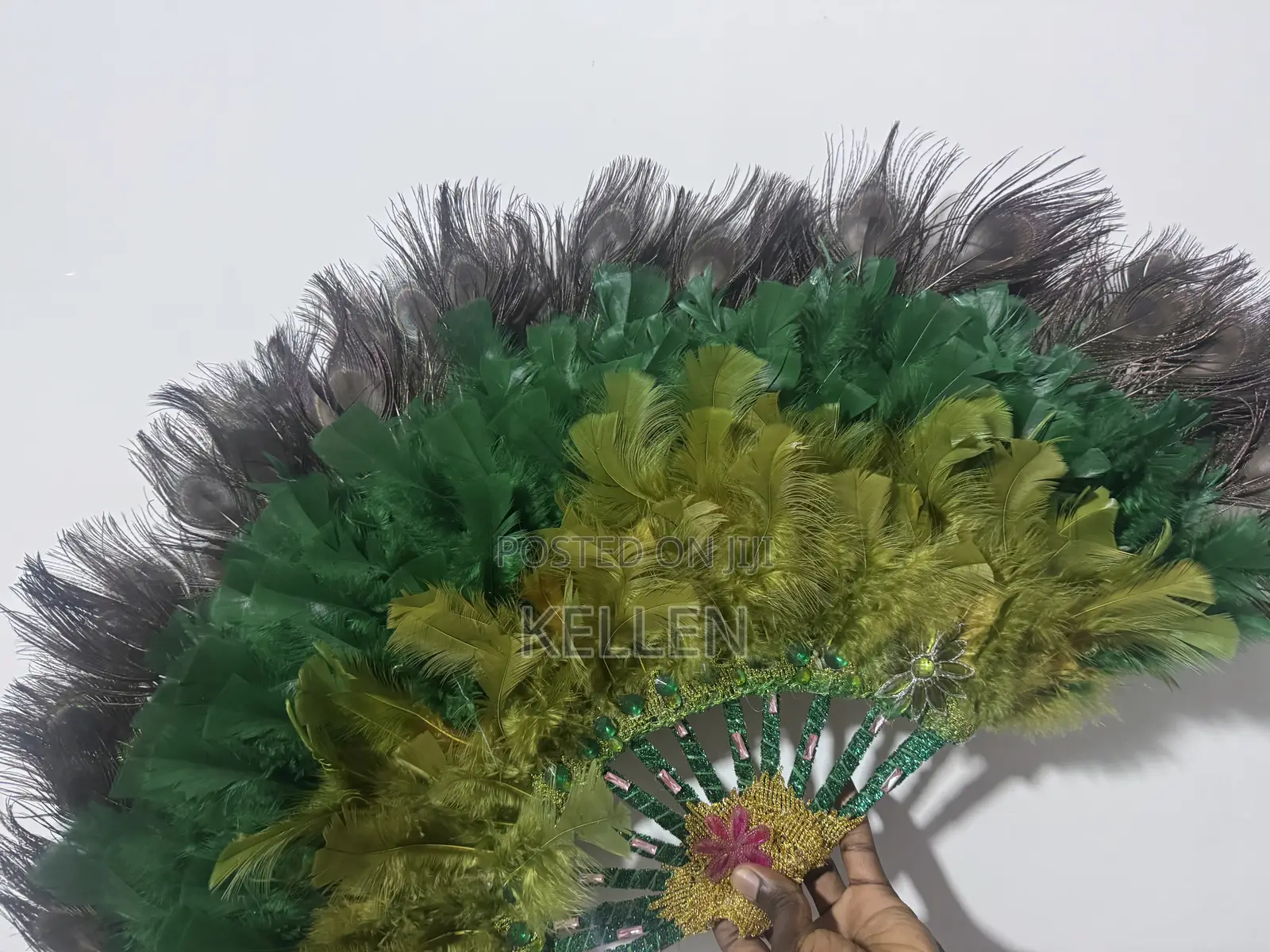 Ombré Emerald/Olive Green Peacock Tips Bridal Fan With Adinkra Symbols