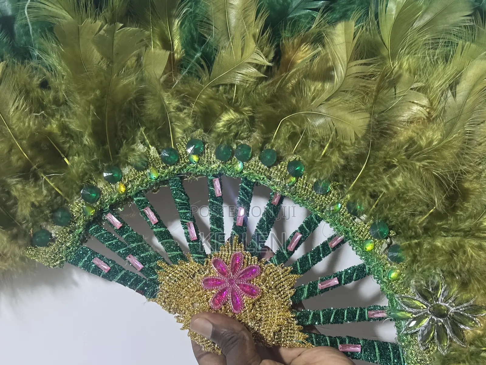 Ombré Emerald/Olive Green Peacock Tips Bridal Fan With Adinkra Symbols