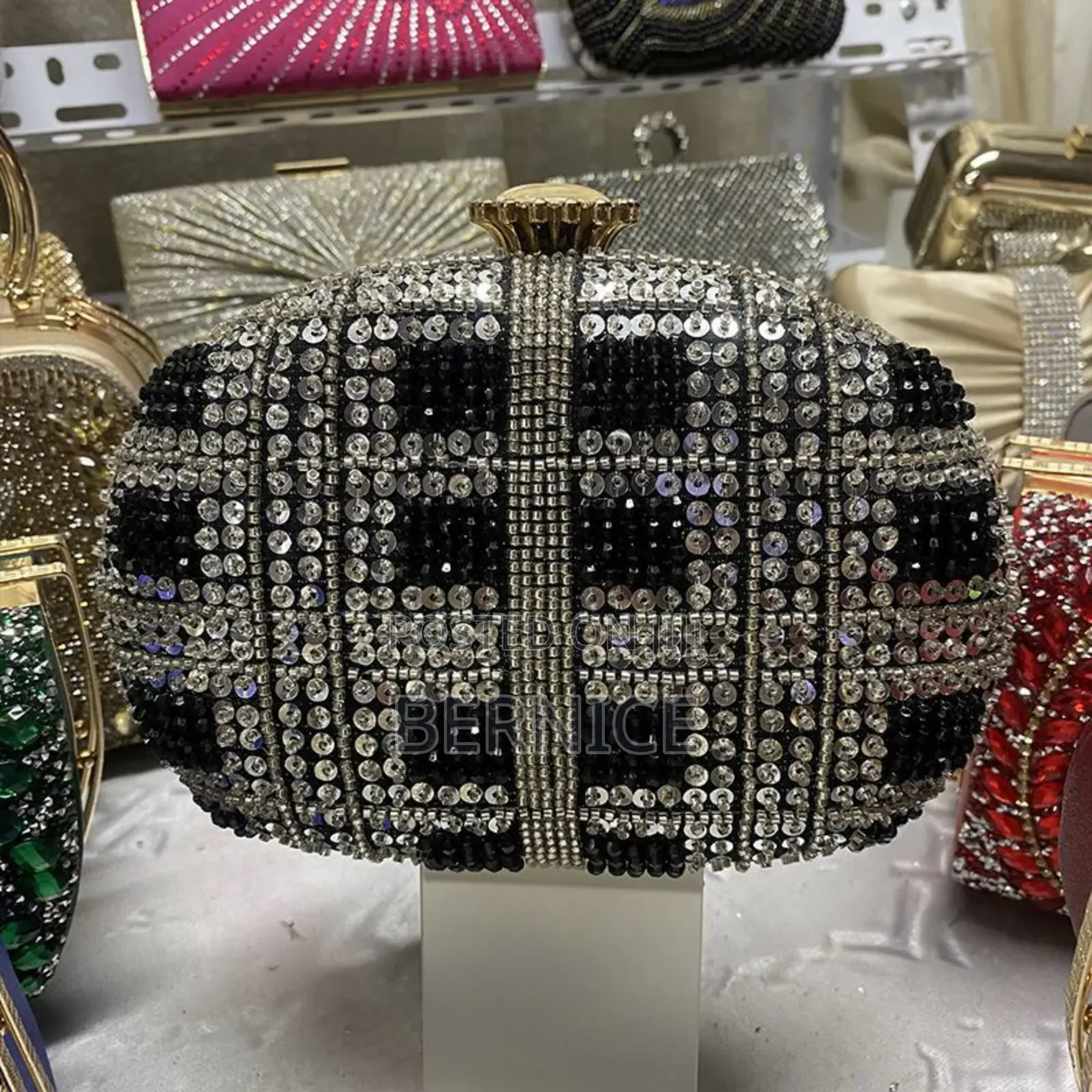Elegant Black Silver Stone Clutch Bag