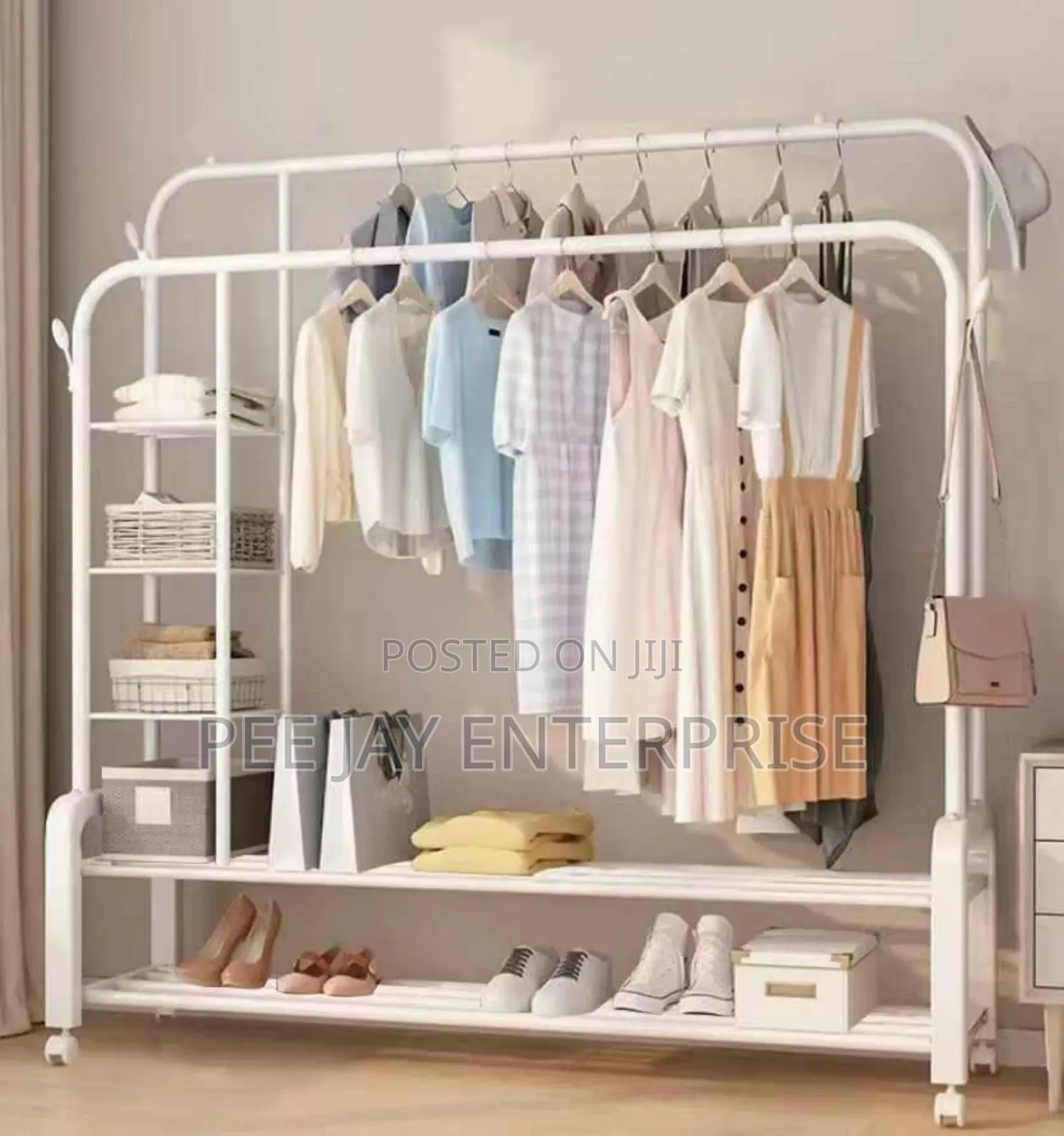 Double Rails Garment Rack With 5 Tier Storage Shelves And 4 Hooks