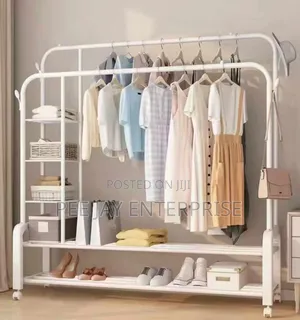 Double Rails Garment Rack With 5 Tier Storage Shelves And 4 Hooks