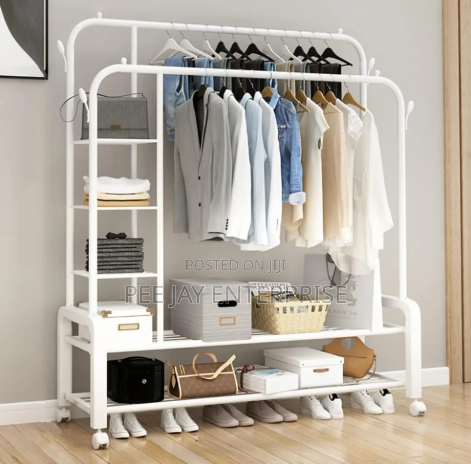 Double Rails Garment Rack With 5 Tier Storage Shelves And 4 Hooks